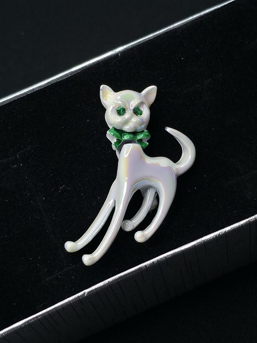 Vintage Iridescent White Cat Brooch with Green Bow Whimsy